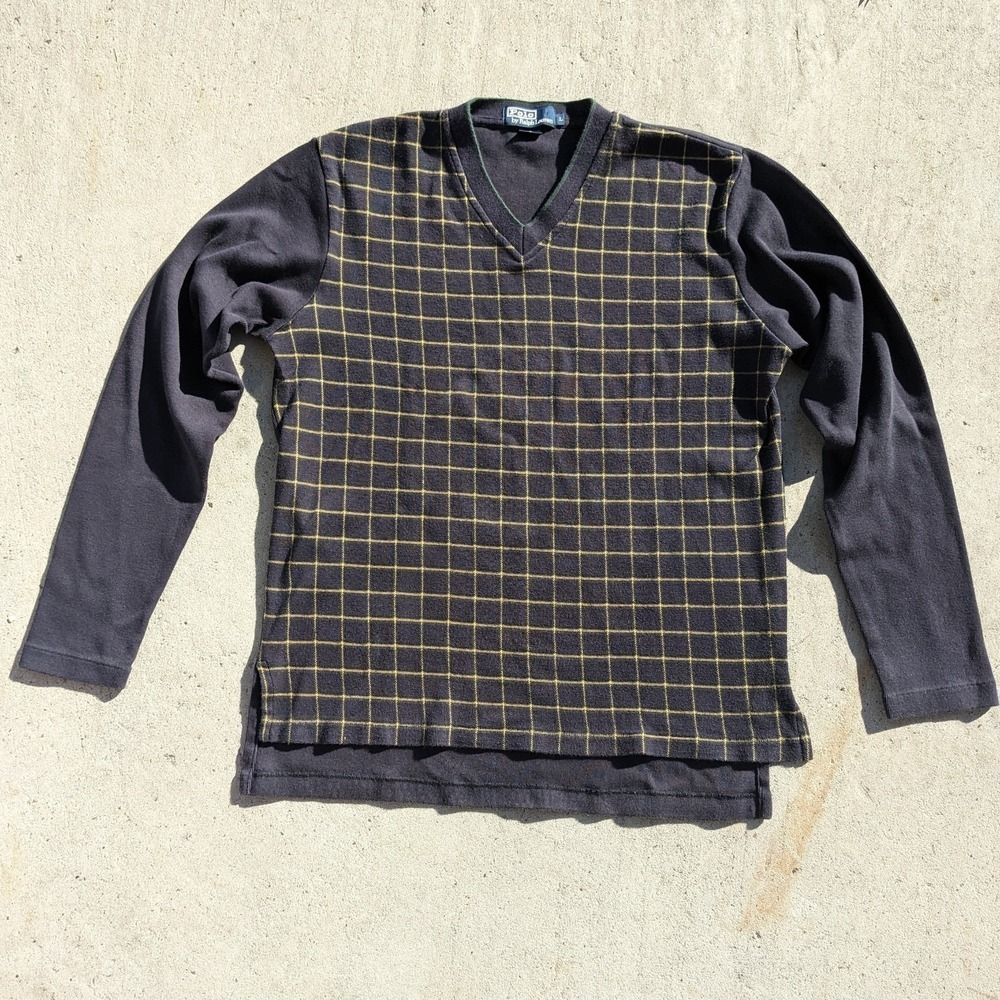 Vintage Polo Ralph Lauren Cotton Sweater Men's Large Navy Plaid Grid Hong Kong